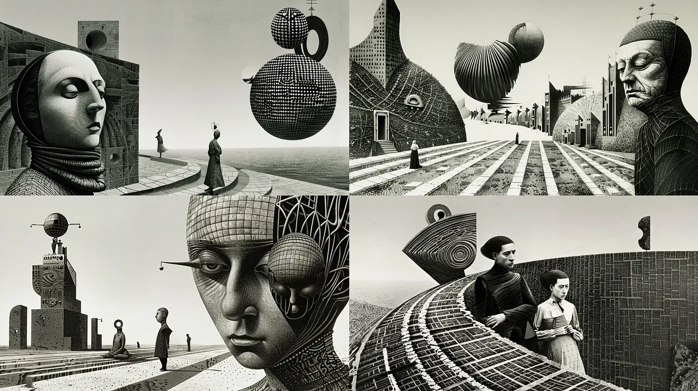 Surreal Monochromatic Visions: Homage to Escher - Midjourney sref style