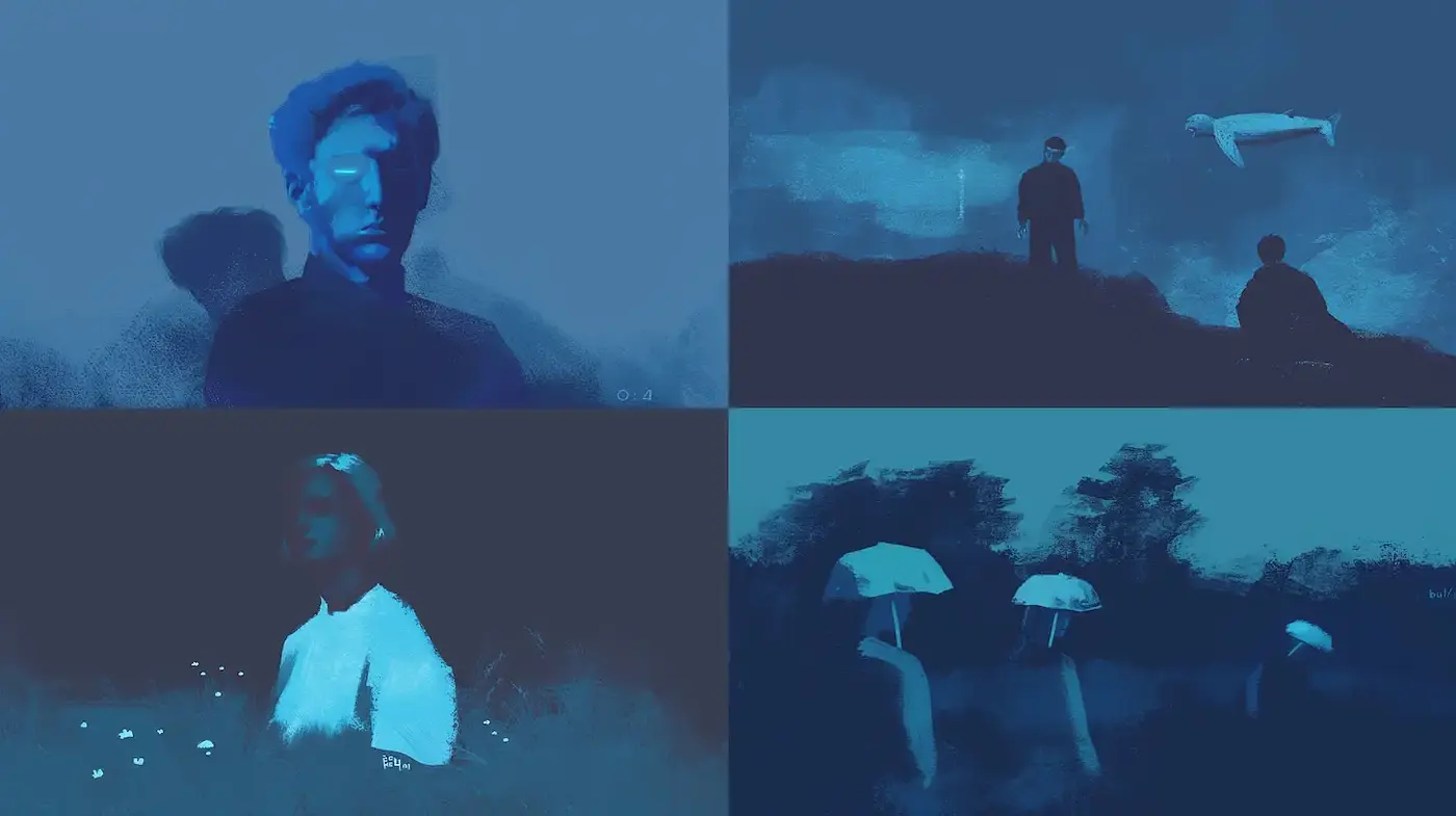 Surrealistic Exploration of Dreams and Memories in a Monochromatic Blue Palette - Midjourney sref style