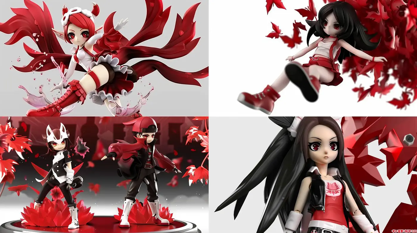Dynamic Anime-Inspired Figurine Study with Vivid Crimson Flourish - Midjourney sref style