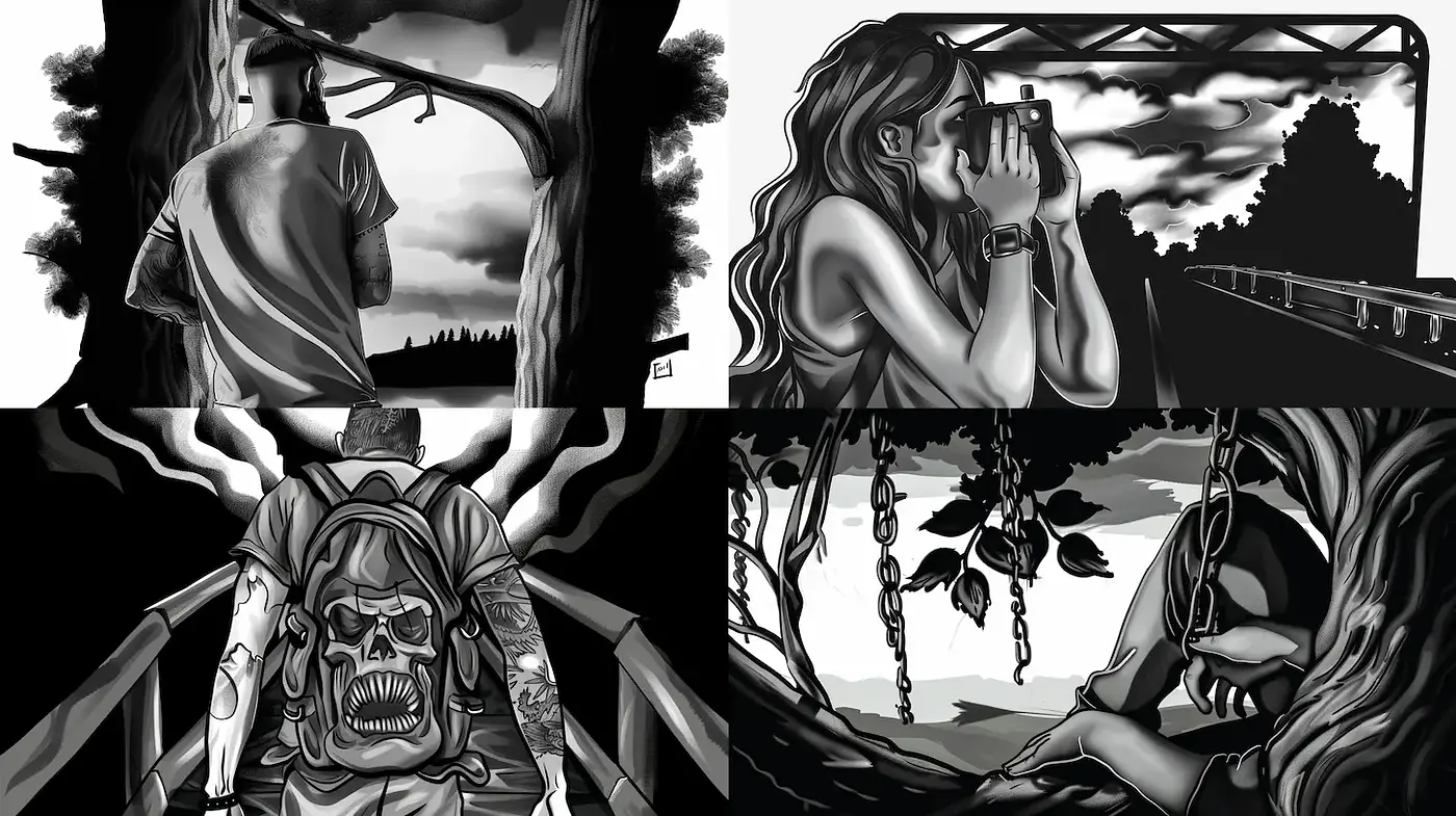 Dramatic monochrome visuals with a gritty, urban narrative style - Midjourney sref style