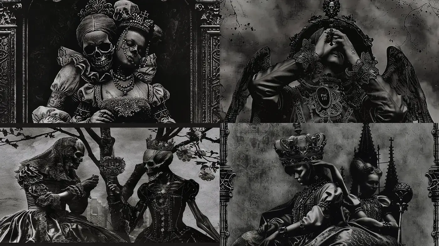 Darkly Elegant Surrealism with Macabre Elements - Midjourney sref style