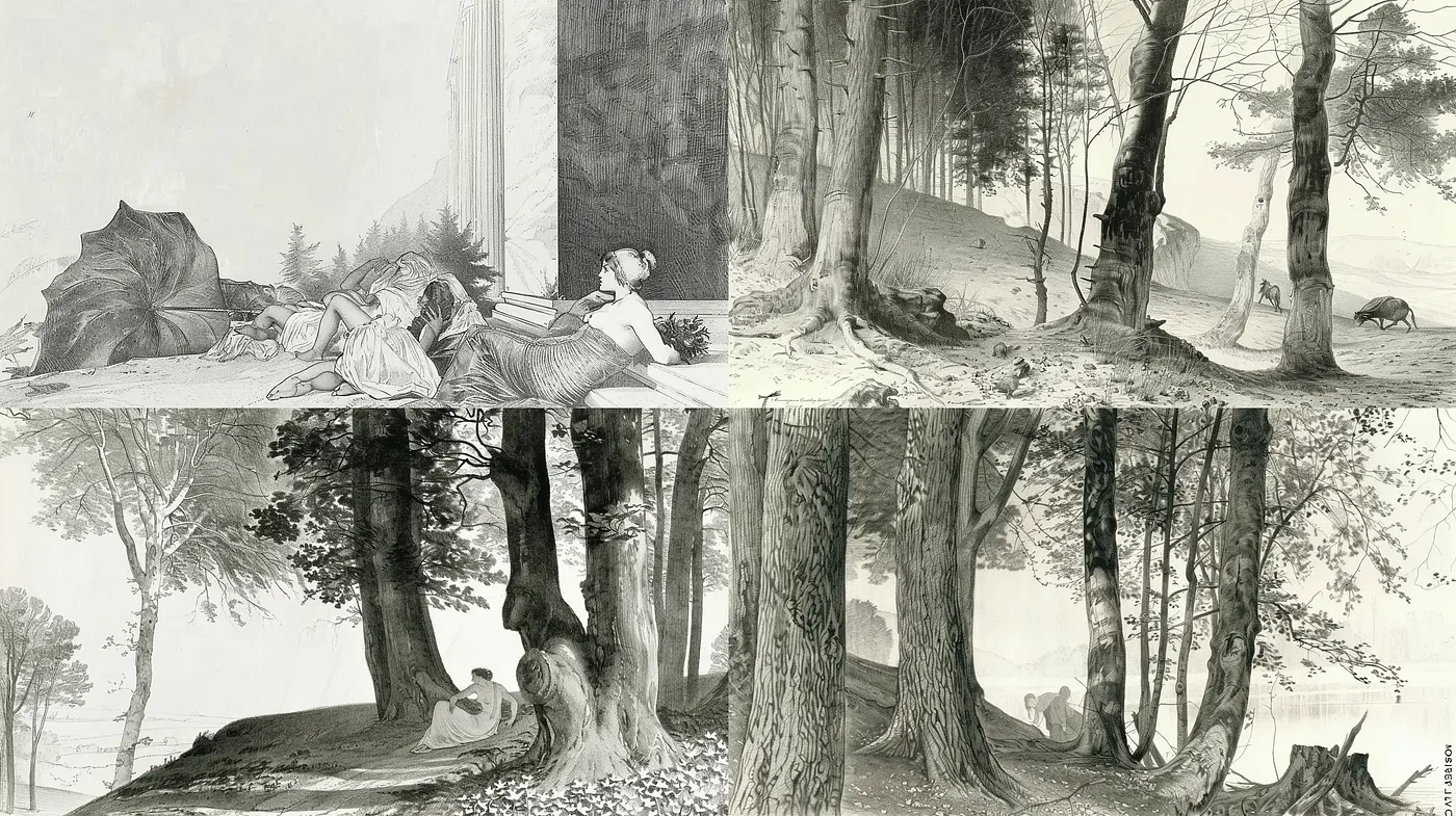 Monochromatic Enchantment: A Homage to Classic Ink Drawings in Nature - Midjourney sref style