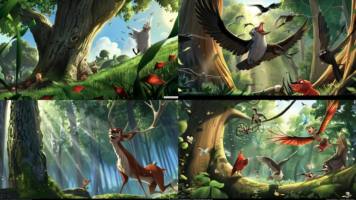 Enchanting Forest Whimsy: A Consistent Tale of Vintage Animation with Vivid Textures and Harmonious Hues - Midjourney sref style