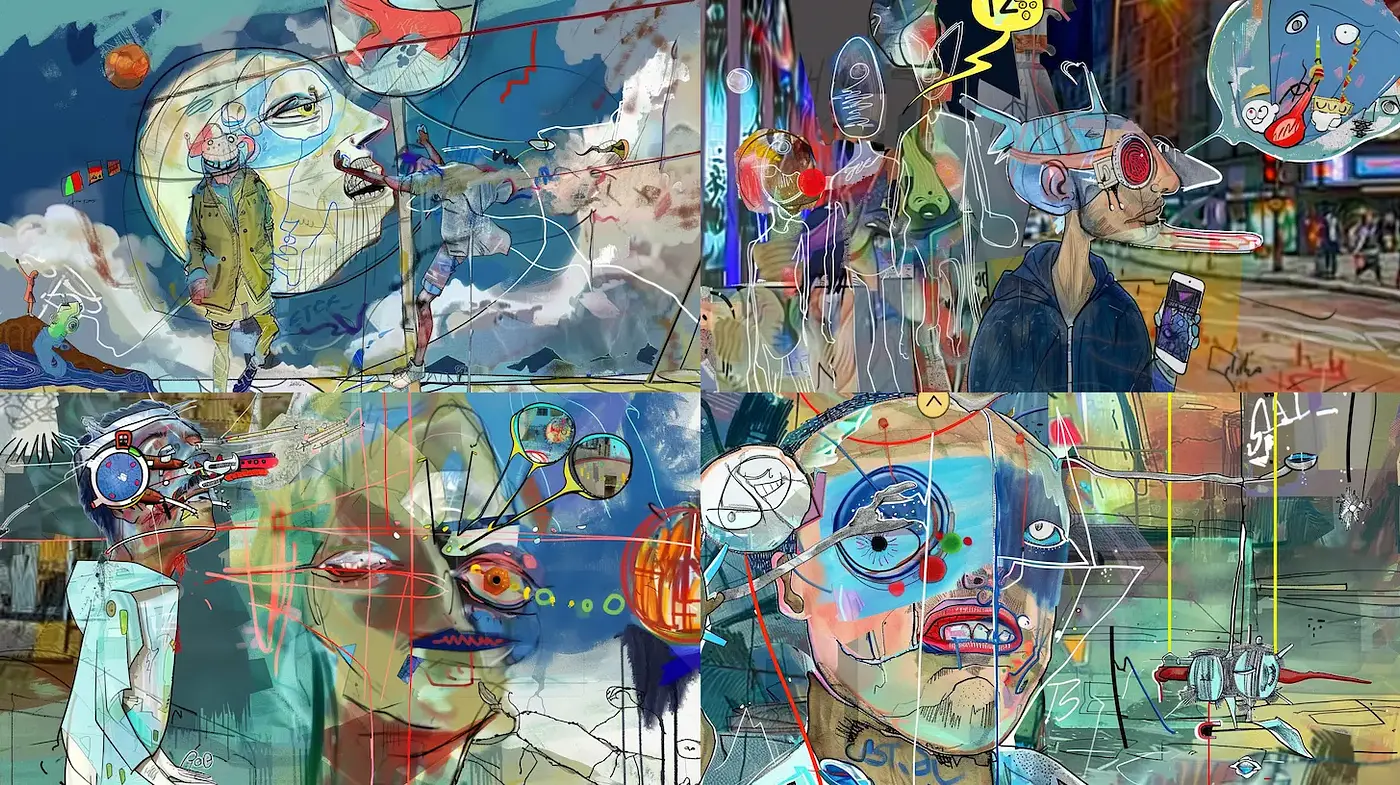 Eclectic Fusion of Futuristic and Surreal Elements in Expressive Art - Midjourney sref style