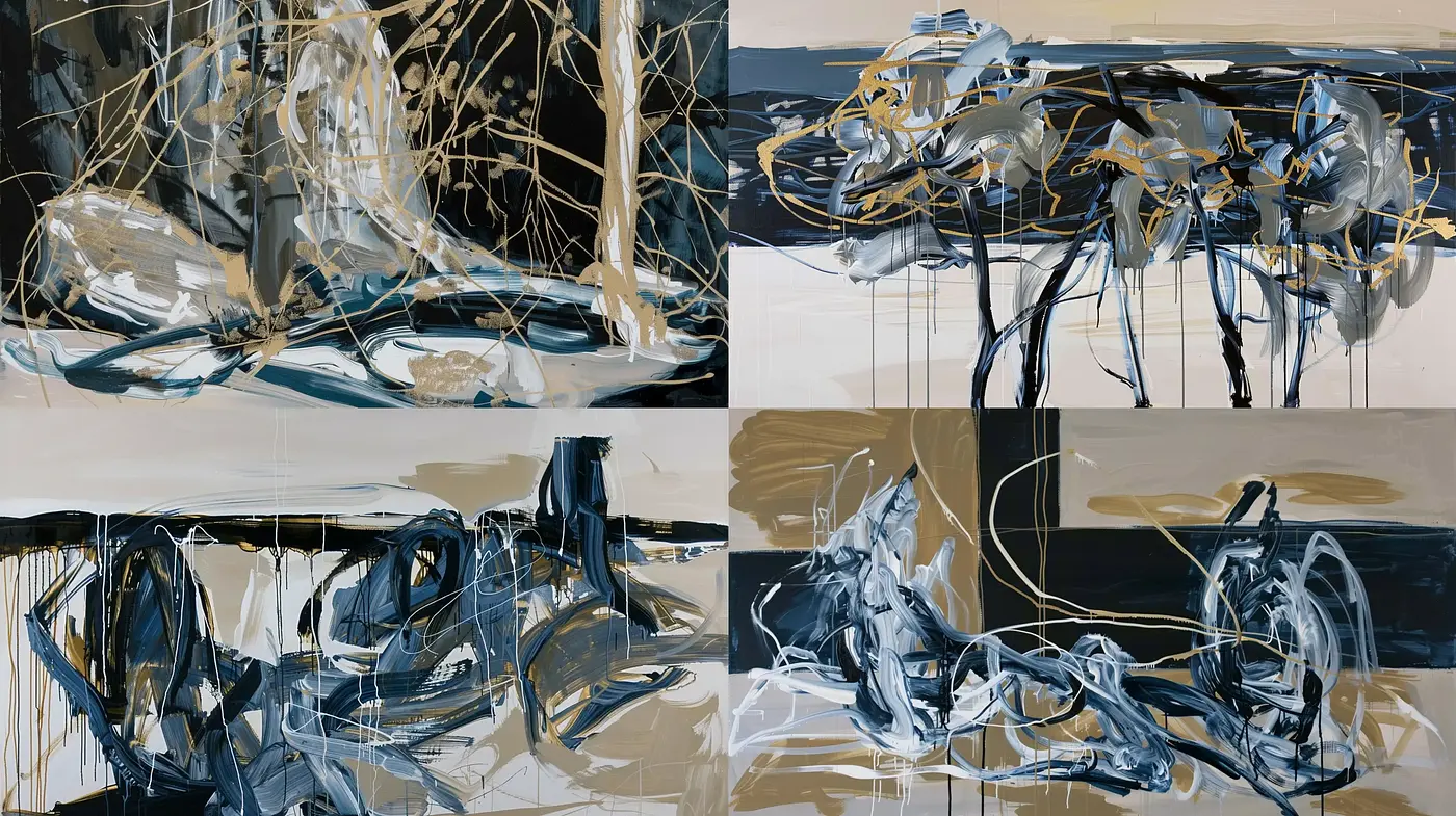 Abstract Expressionist Surge in Monochrome and Gold - Midjourney sref style
