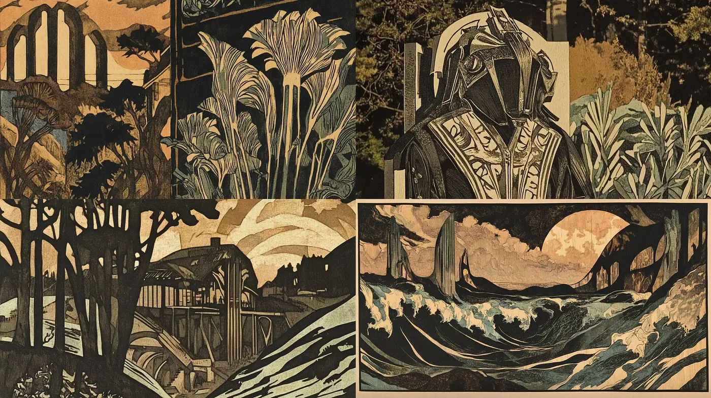 Rustic Elegance in Sepiatone: A Harmonious Blend of Traditional Woodcut Aesthetics and Serene Landscape Scenes - Midjourney sref style