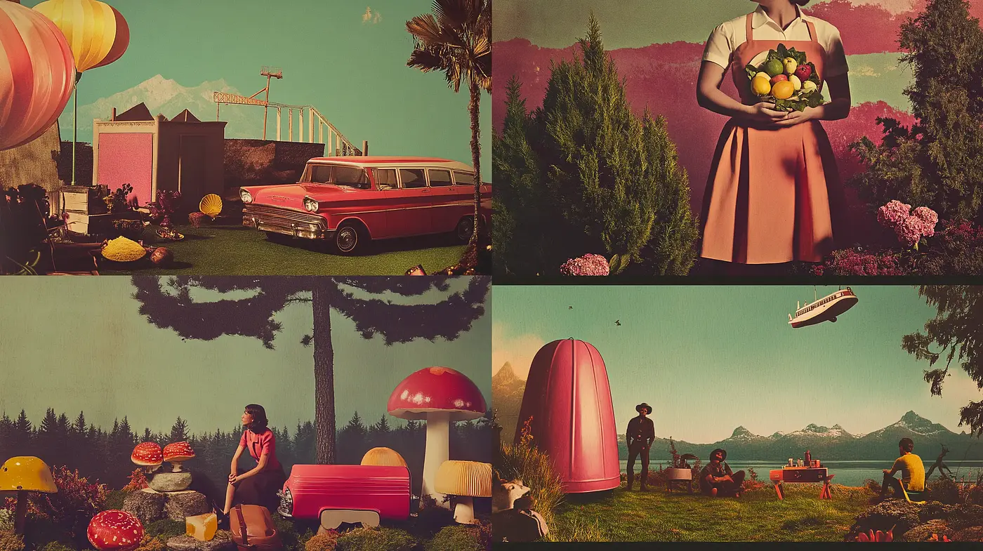 Retrofuturistic Tableau with Surrealist Undertones - Midjourney sref style