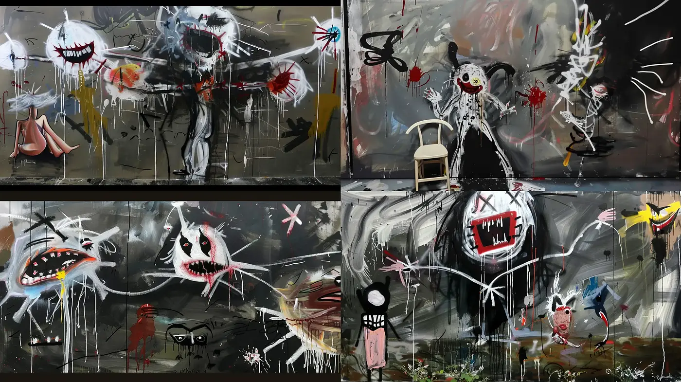 Chaotic Graffiti Splatter in Surrealist Nightmare - Midjourney sref style