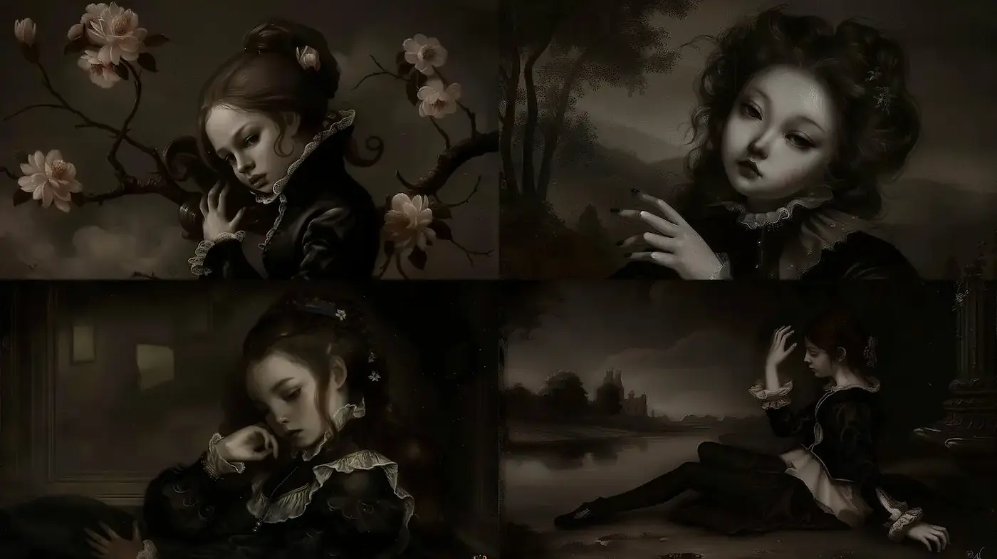 Dark Romanticism with Lyrical Elegance and Subtle Introspection - Midjourney sref style
