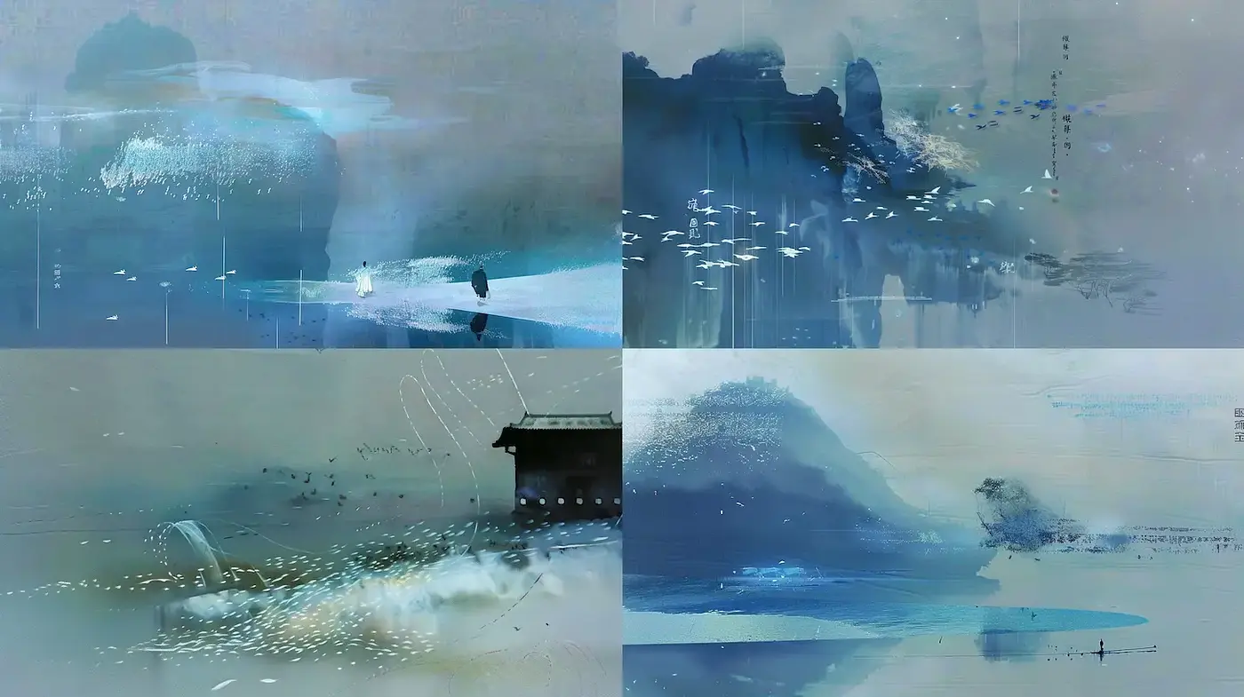 Serene and Ethereal Watercolor Landscapes with Tranquil Motifs - Midjourney sref style