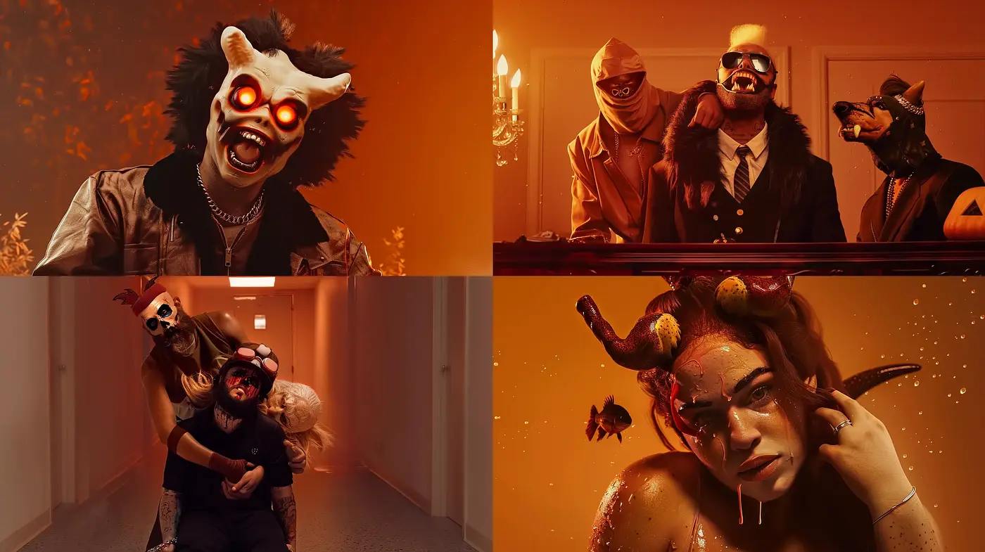 Surreal Cinematic Tableau with Animalistic Overtones - Midjourney sref style