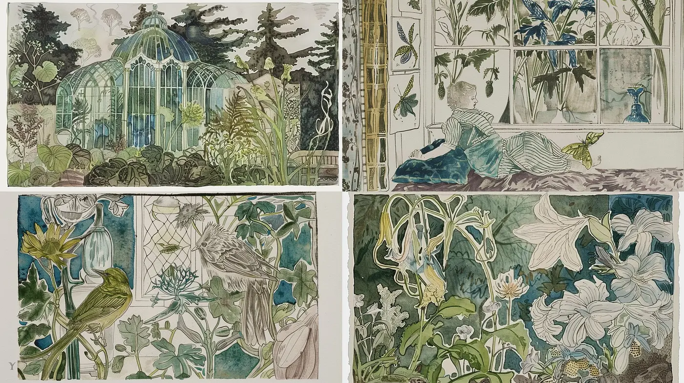 Enchanted Botanicals in Watercolor: Stylized Natural Elements with a Touch of Vintage Elegance - Midjourney sref style