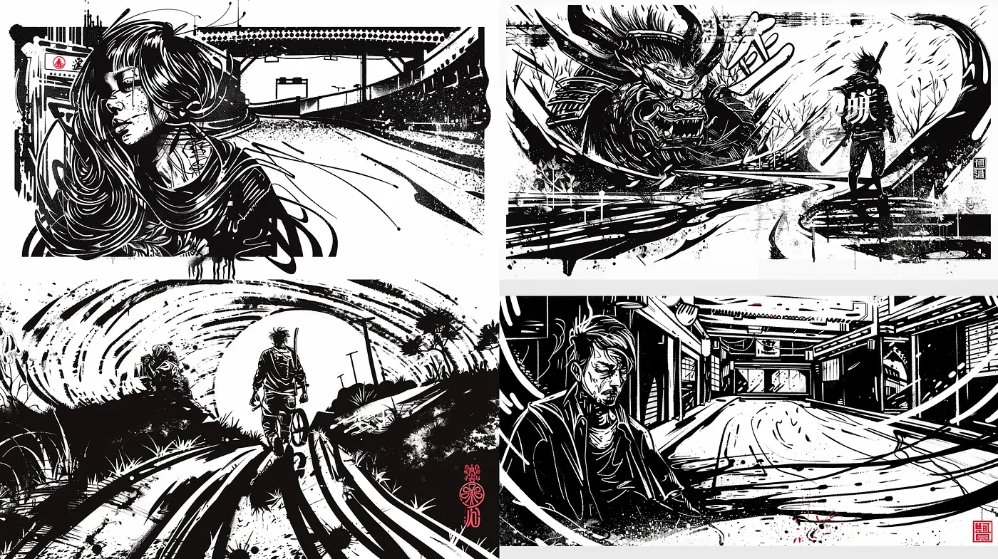 Dynamic Brushwork Visions in Monochrome - Midjourney sref style