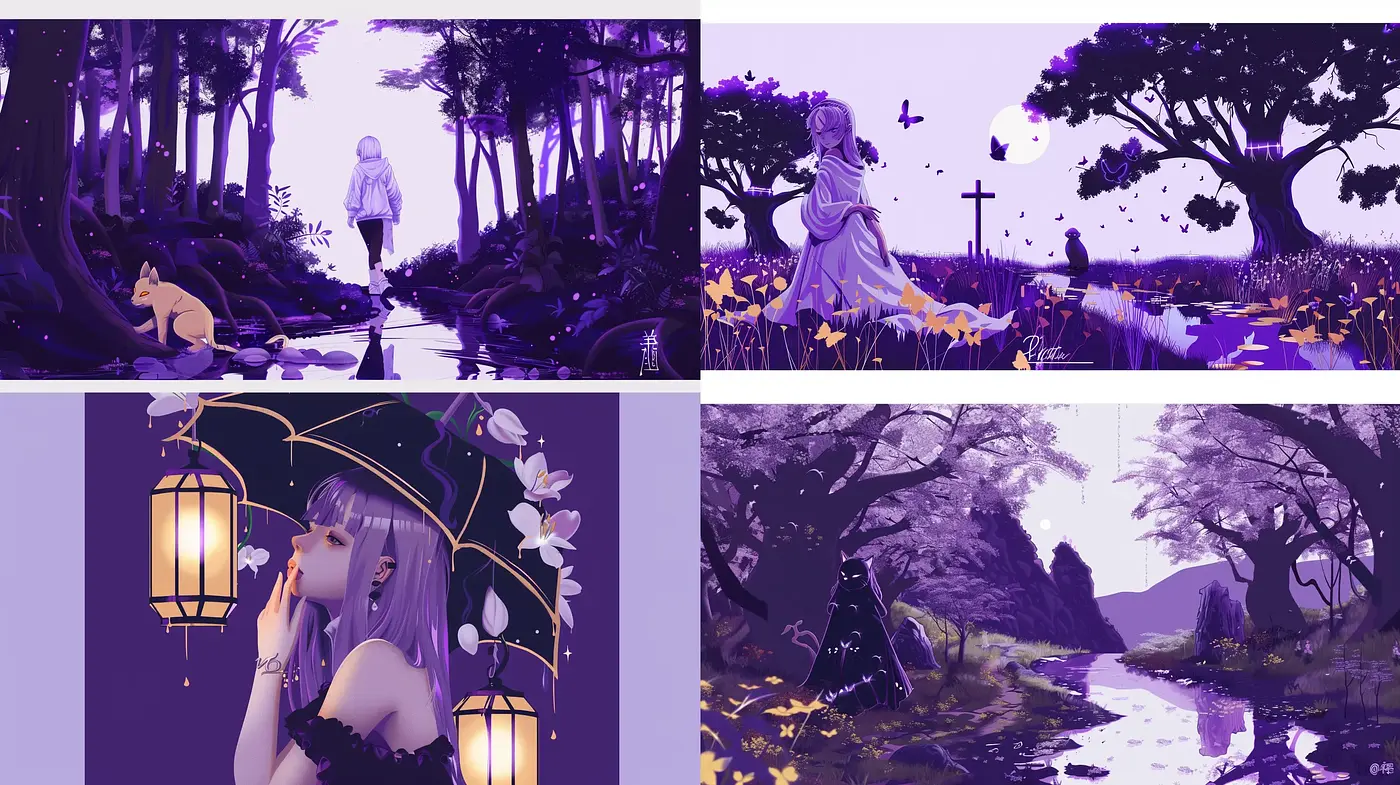 Ethereal Twilight Dreamscape: A Monochromatic Purple Vision with Surreal Environmental Elements - Midjourney sref style