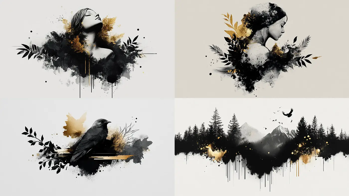 Monochromatic Nature-Inspired Elegance with Golden Accents - Midjourney sref style