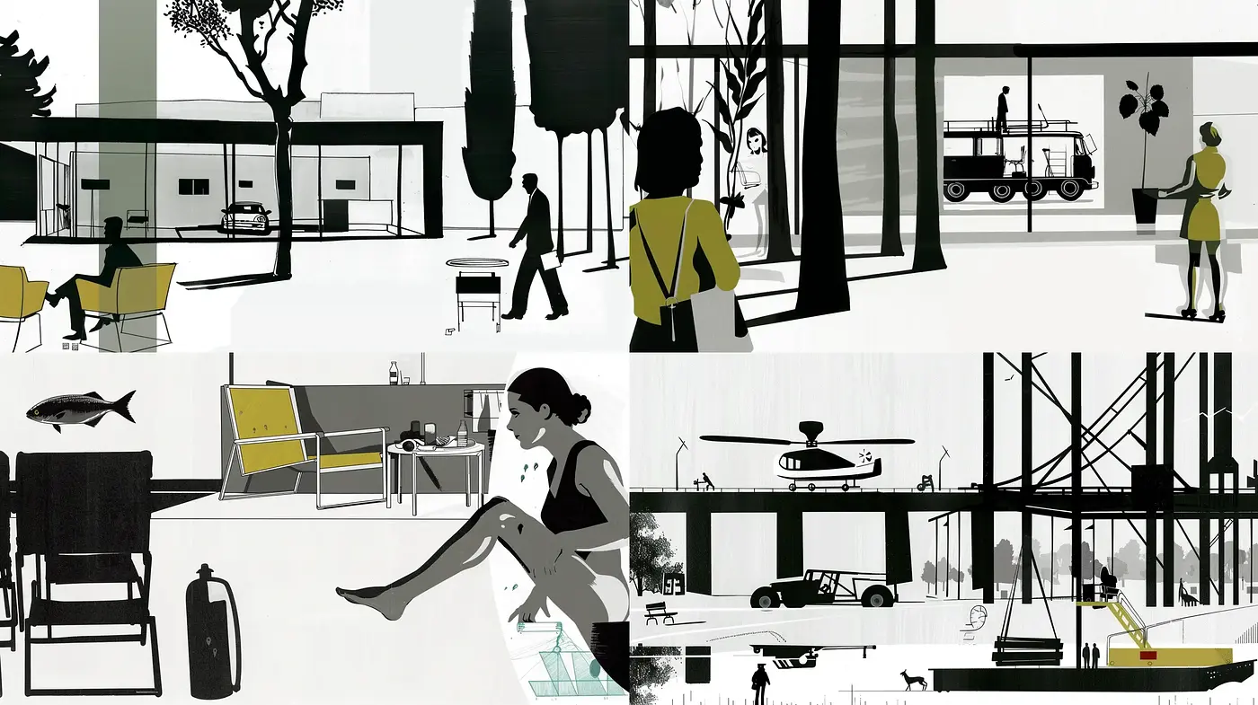 Monochromatic Elegance in Stylized Architectural Scenes - Midjourney sref style