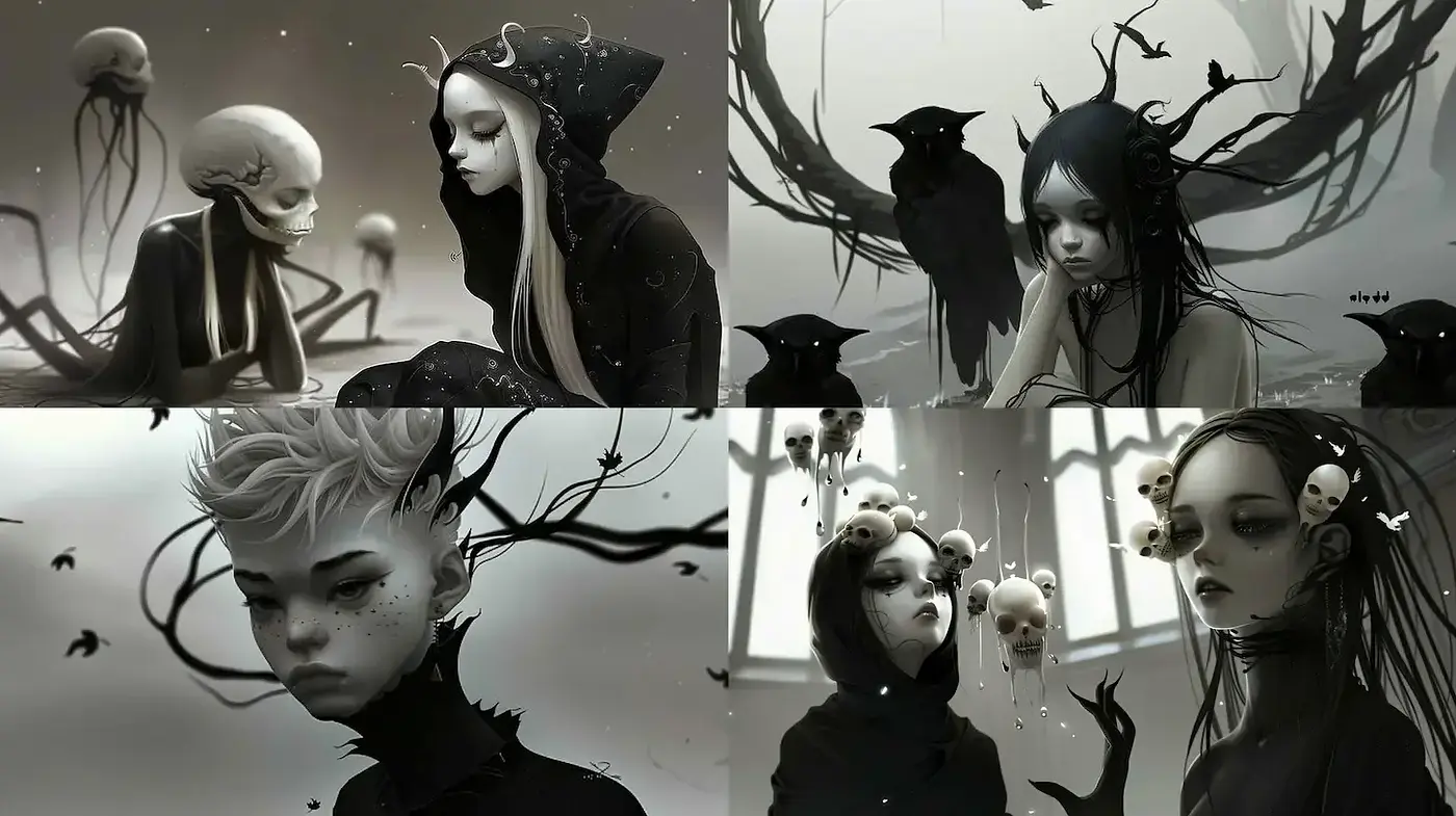 Monochromatic Whispers of Surreal Dreamscapes - Midjourney sref style