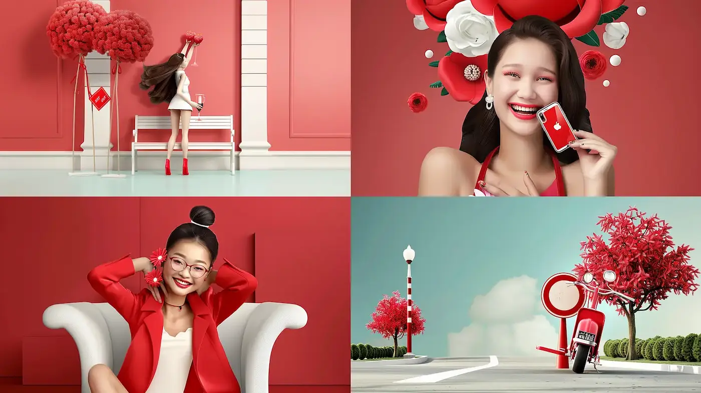 Vibrant and Playful Red Aesthetic with Clean Lines - Midjourney sref style