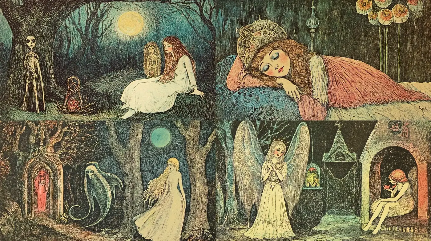 Enchanted Dreamscape in Vintage Storybook Illustration Style - Midjourney sref style