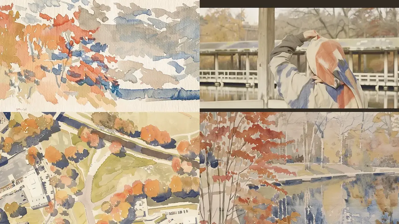Soft and Serene Watercolor Landscapes with Autumnal Hues and Calm Reflections - Midjourney sref style