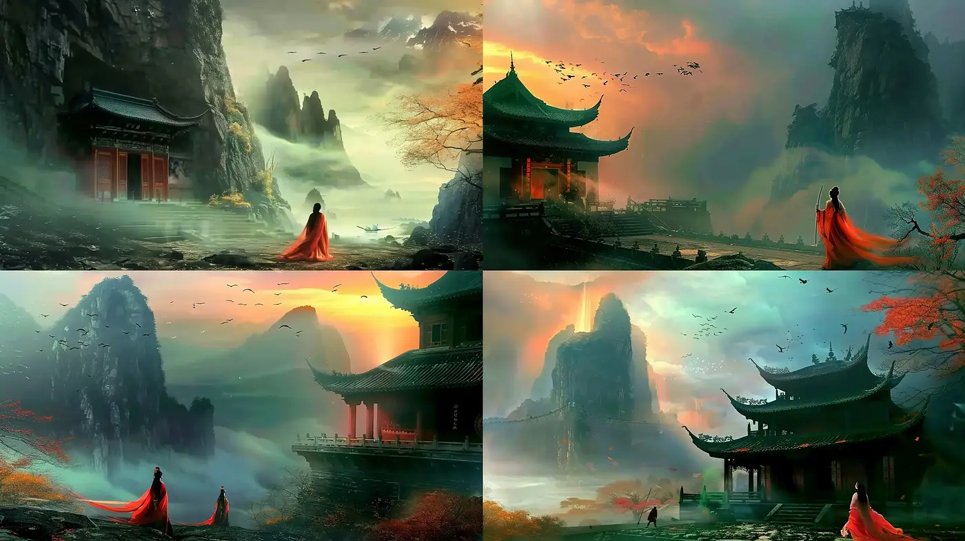 Ethereal Eastern Landscapes with a Mystic Crimson Accent - Midjourney sref style