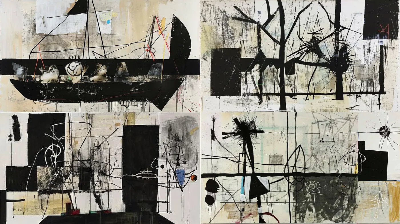 Abstract Tapestry of Monochrome and Primary Accents - Midjourney sref style