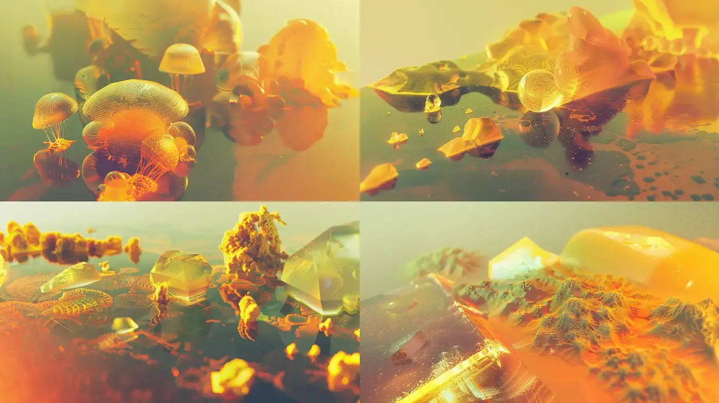 Translucent Organic Forms in Ethereal Golds and Oranges - Midjourney sref style