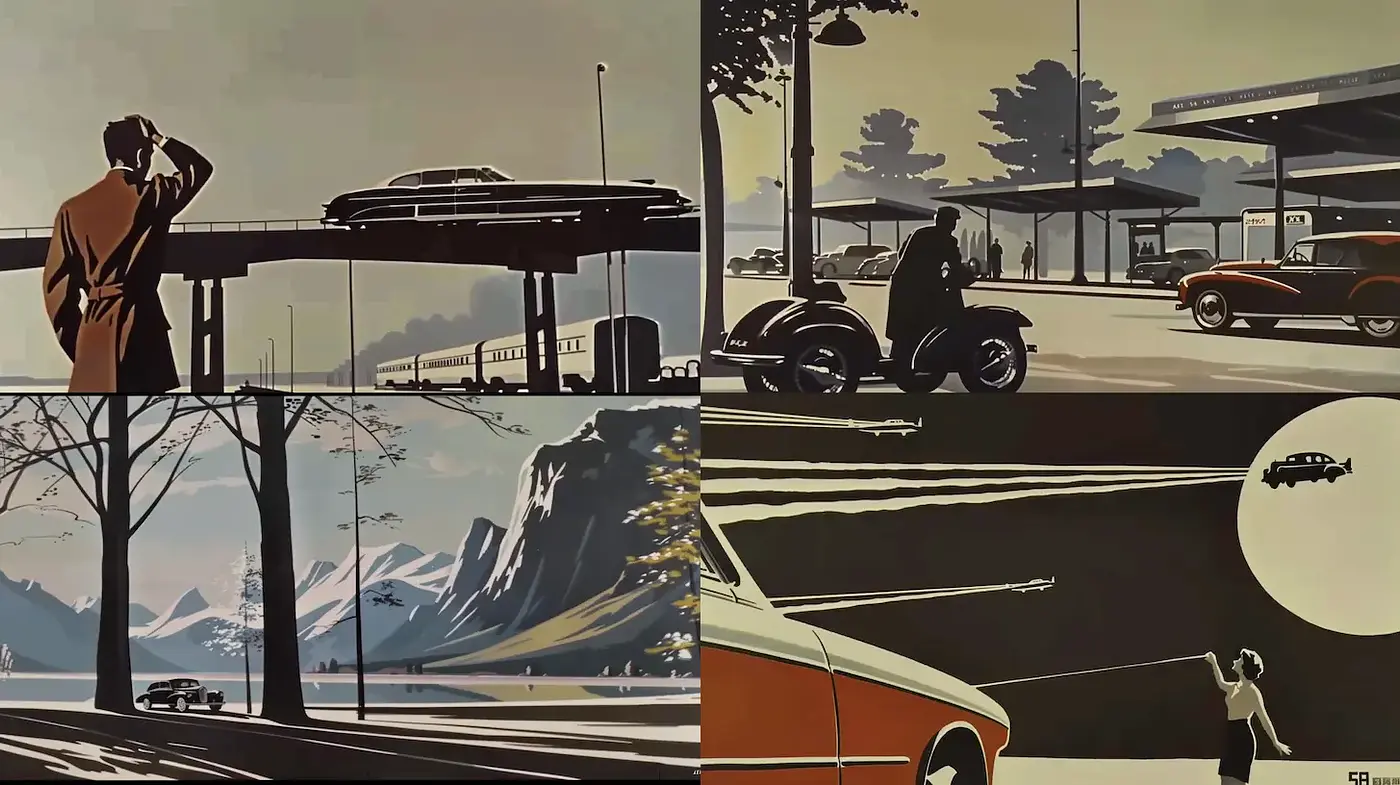 Retro Futuristic Illustrations with Cinematic Quality and Art Deco Influences - Midjourney sref style