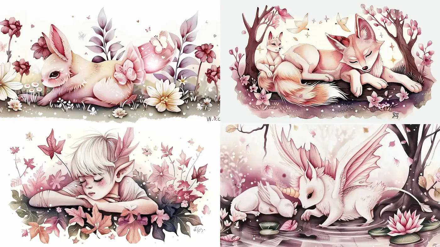 Dreamy and whimsical illustrations featuring enchanting woodland creatures - Midjourney sref style