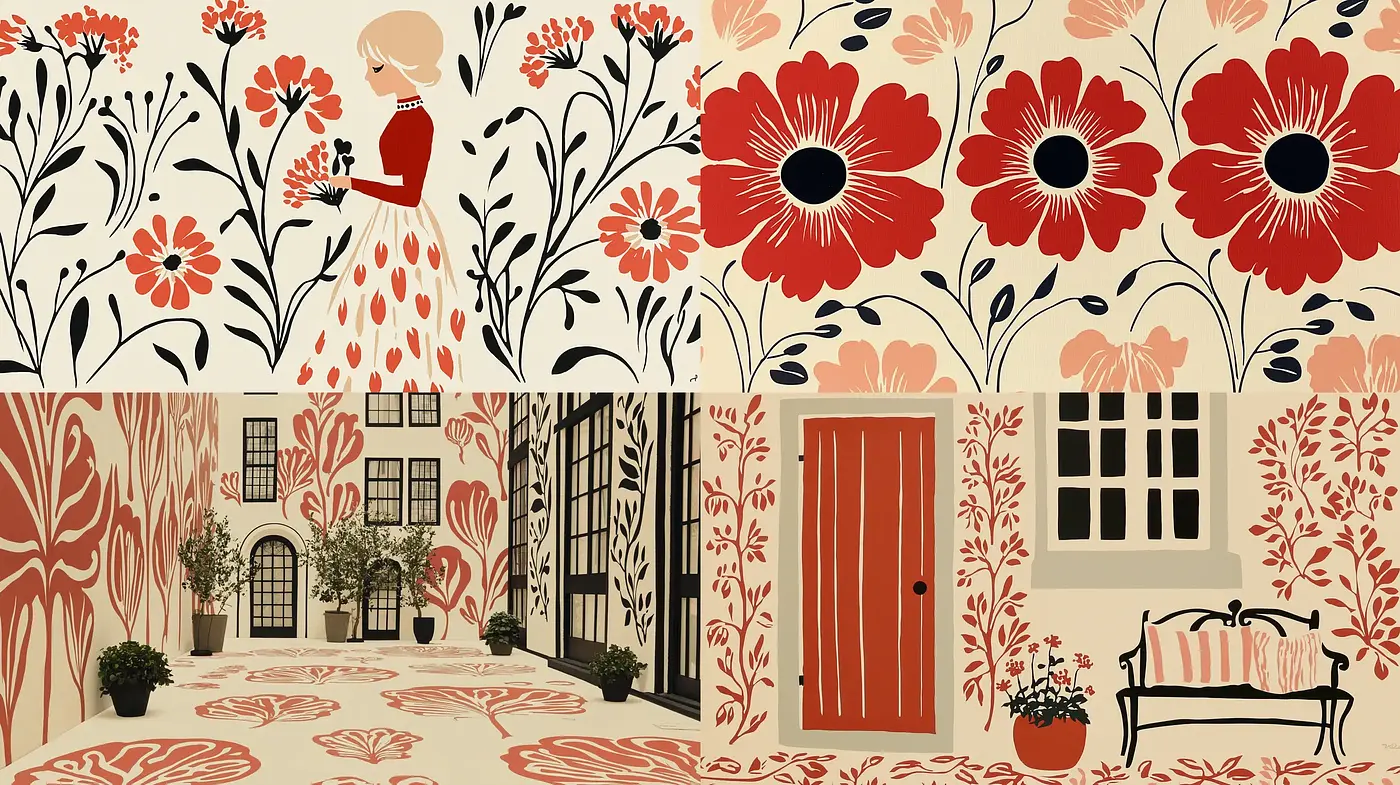 Warm Tones and Floral Patterns: A Nostalgic Fusion of Modern and Classic Illustration - Midjourney sref style