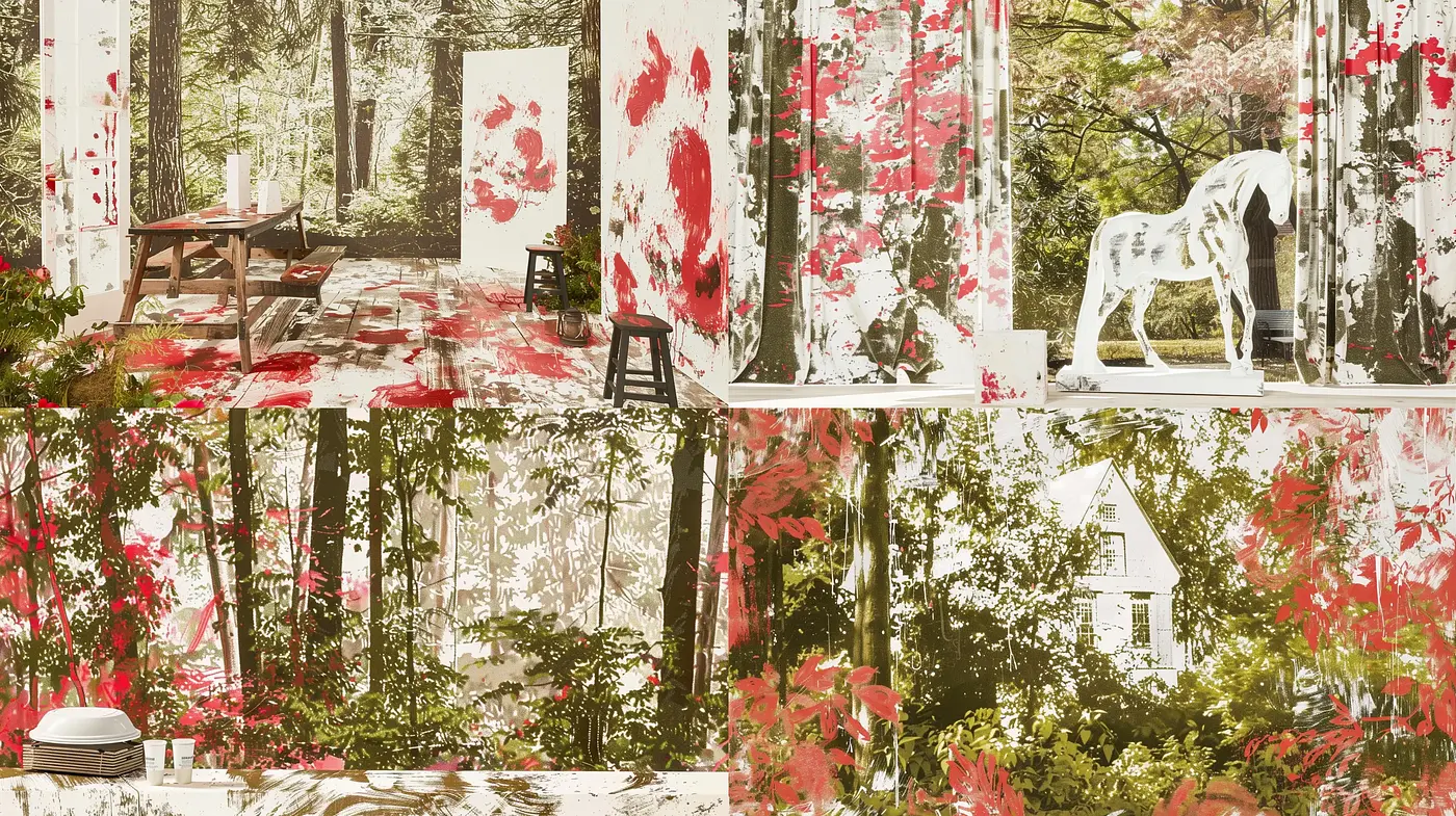 Painterly Arboreal Dreamscape with Vivid Crimson Accents - Midjourney sref style