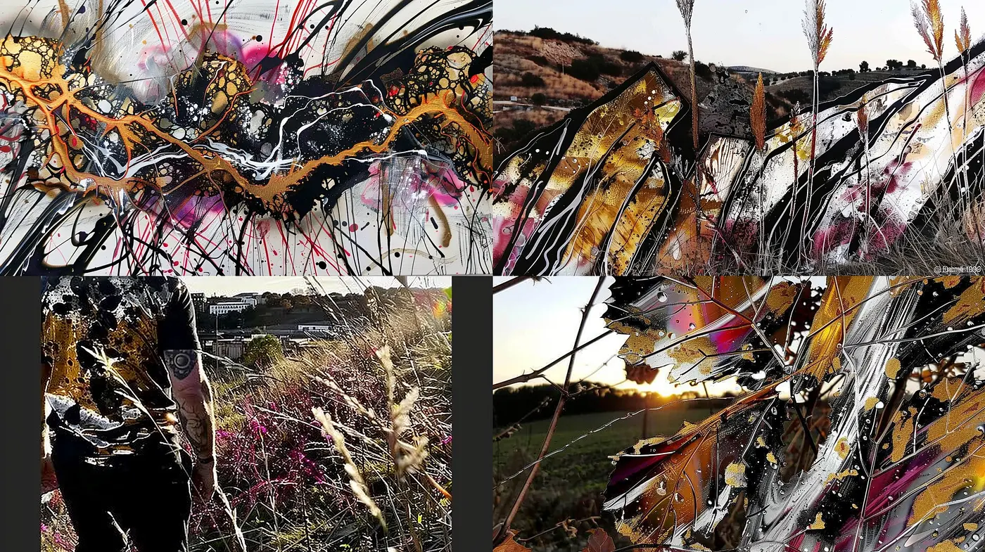 Abstract Fusion Landscapes in Sunset Hues and Dynamic Splatters - Midjourney sref style