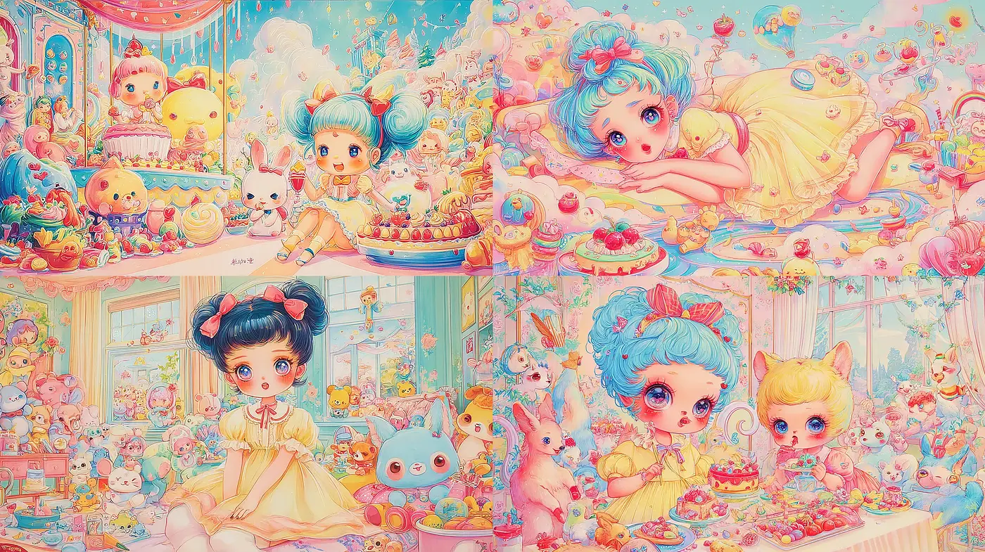 Whimsical and colorful kawaii-inspired illustration style with a playful atmosphere - Midjourney sref style