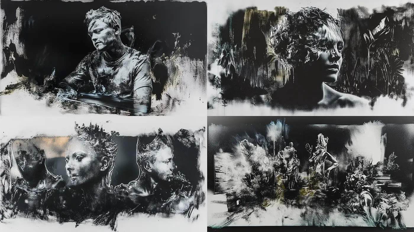 Abstract Noir Dynamism: Textural Brushwork Meets Monochrome Cinema - Midjourney sref style
