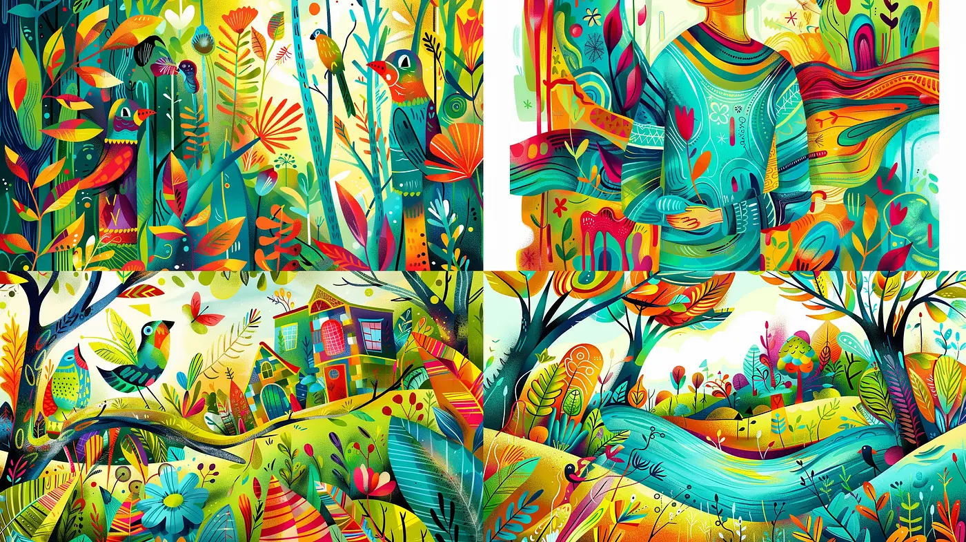 Vibrant Enchanted Nature: A Symphony of Vivid Colors and Whimsical Forms - Midjourney sref style