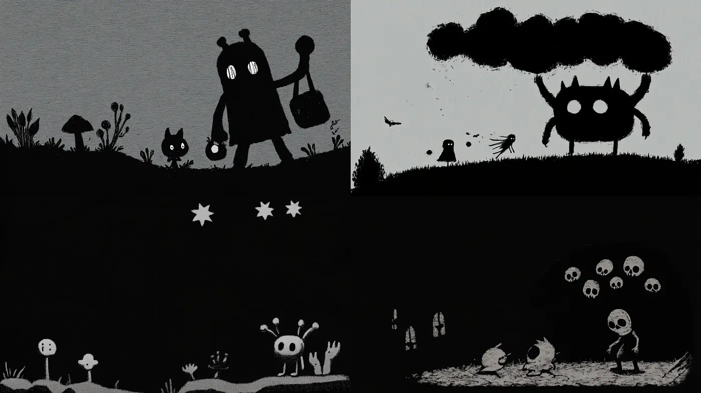 Monochrome Whimsy: Fantastical Silhouettes and Stark Contrasts - Midjourney sref style
