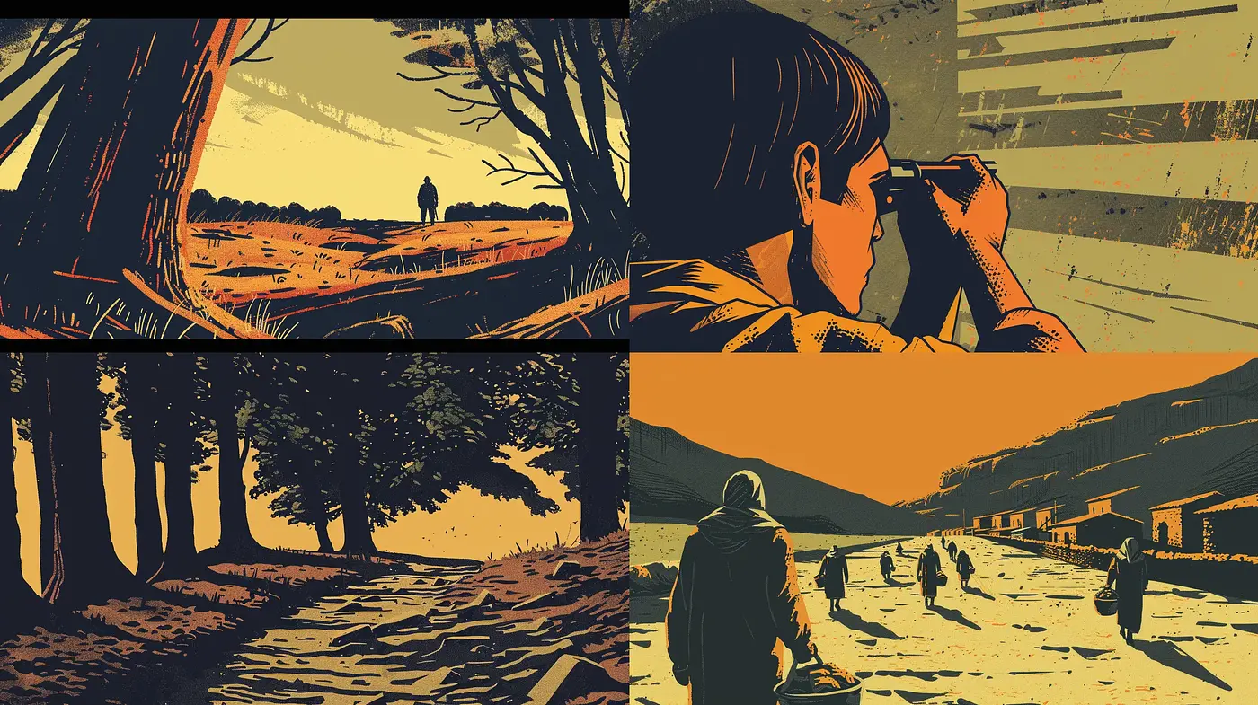 Sunset Monochrome: A Stylized Contrast in Earthy Sepia Tones - Midjourney sref style