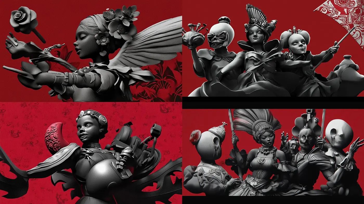 Stylized Monochromatic Figures on Contrasted Red Backdrop - Midjourney sref style