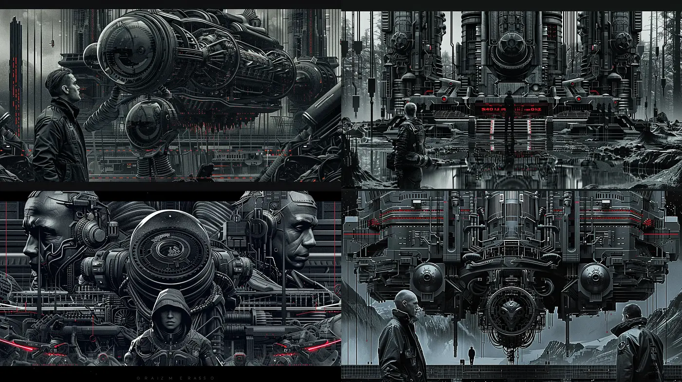 Futuristic Industrial Symphony in Monochromatic Tones - Midjourney sref style