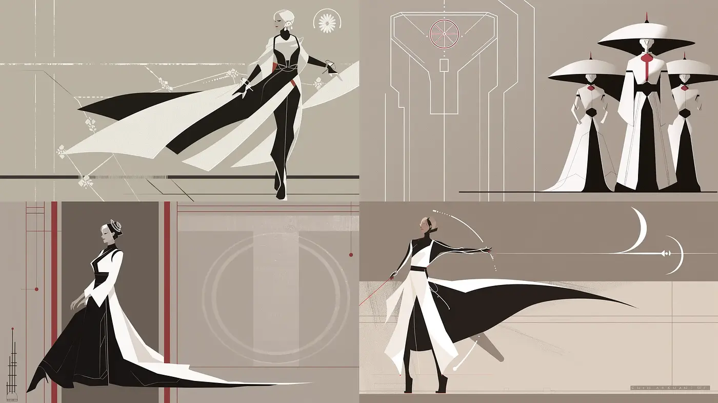 Stylized Monochromatic Elegance with Futuristic Art Deco Influence - Midjourney sref style