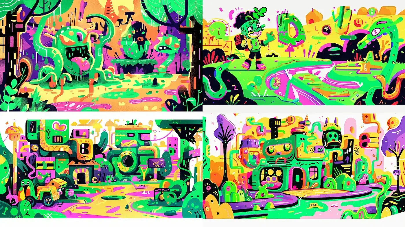 Psychedelic Cartoon Extravaganza: A Vivid Imagination Odyssey - Midjourney sref style