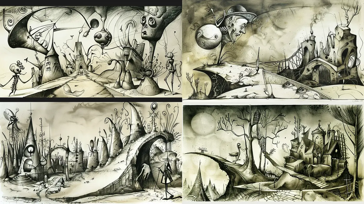 Whimsical Sepia-toned Dreamscape with Surrealist Overtones - Midjourney sref style