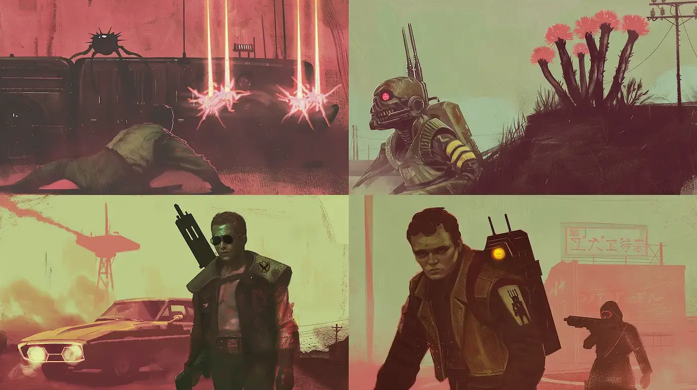 Futuristic retro dystopia with a cinematic flair - Midjourney sref style