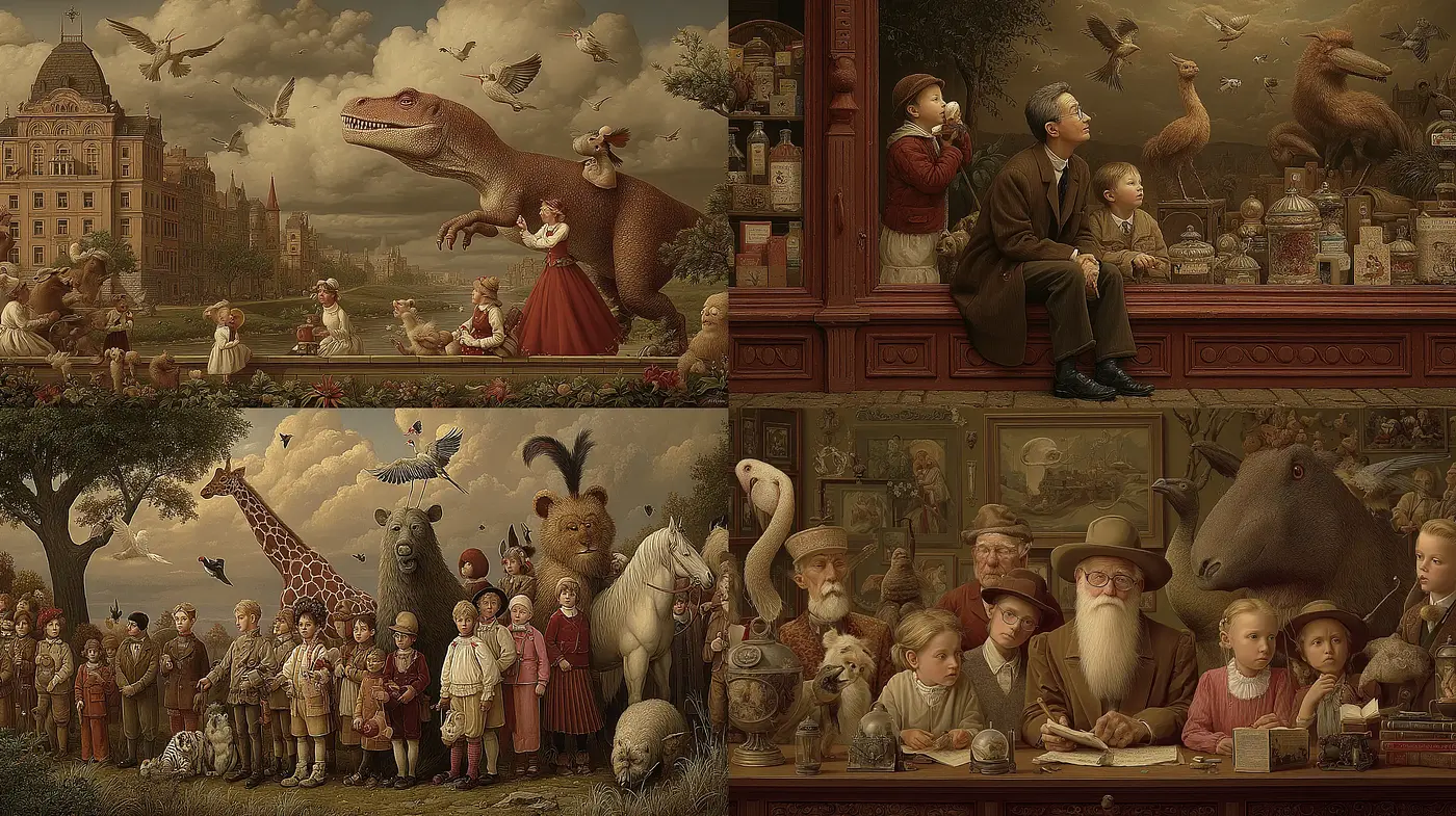 Surrealistic storytelling with whimsical charm and detailed characters - Midjourney sref style