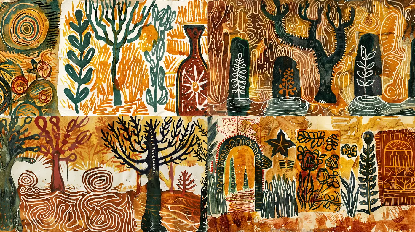 Earthen Tones and Organic Forms: A Fusion of Tribal Artistry and Primal Aesthetics - Midjourney sref style