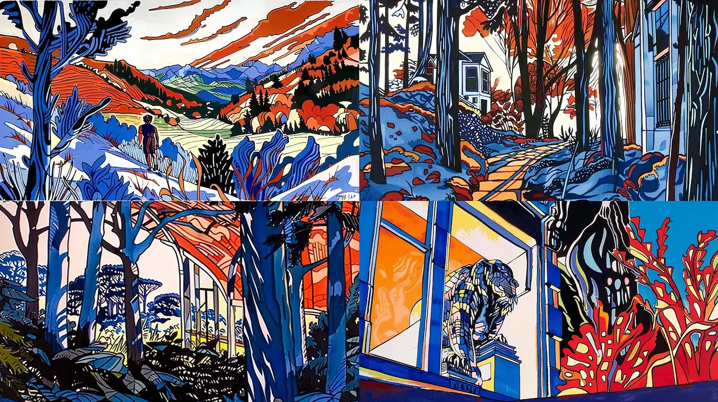 Vibrant Contemporary Illustrations with Bold Textures and Distinctive Linework - Midjourney sref style
