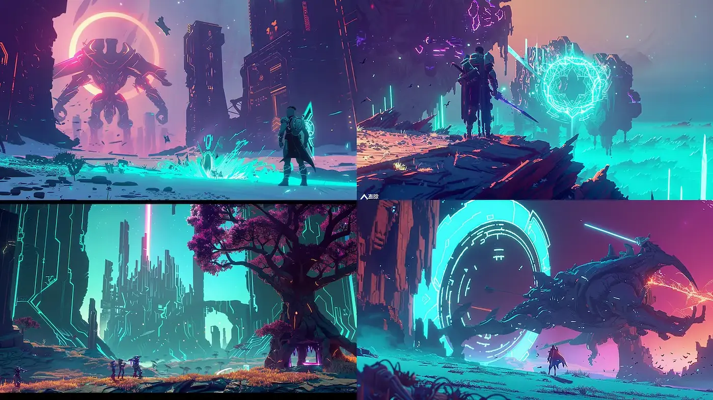 Futuristic Landscapes with Glowing Elements and Vibrant Colors - Midjourney sref style