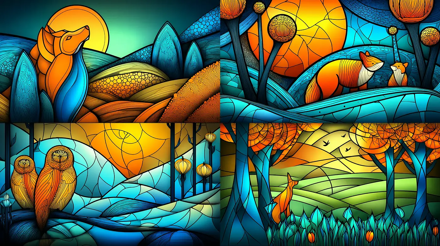 vibrant stained glass landscapes featuring wildlife - Midjourney sref style