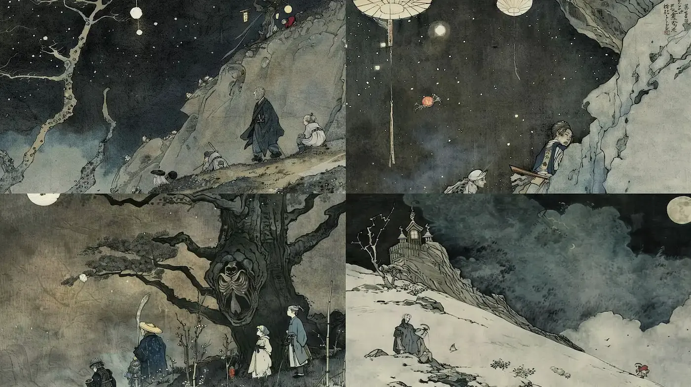 Mystical landscapes conveying a sense of serenity and adventure - Midjourney sref style