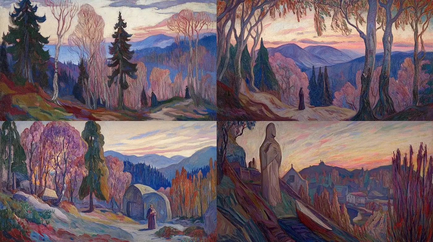 Twilight Hues of Pastoral Serenity - A Harmonious Blend of Romanticism and Post-Impressionist Landscapes - Midjourney sref style